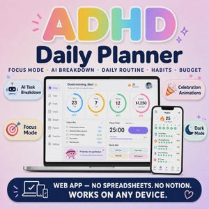 Aplicación de planificación diaria para TDAH, planificador de rutinas diarias, apoyo a las funciones ejecutivas, modo de concentración, desglose de tareas con IA, bloqueo de tiempo, acceso instantáneo a la aplicación.