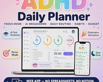 ADHD Daily Planner App, Daily Routine Planner, Executive Function Support, Focus Mode, AI Task Breakdown, Time Blocking, Instant Access App