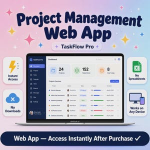 May include: A laptop screen displaying the TaskFlow Pro project management web app dashboard with project lists, status bars, and metrics. Surrounding icons highlight features like instant access, no downloads, no spreadsheets, and cross-device compatibility.