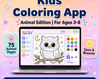 Kids Coloring App, Animal Coloring Game, 75 Coloring Pages, Ages 3-8, Digital Web App, Travel Colouring, Instant Access