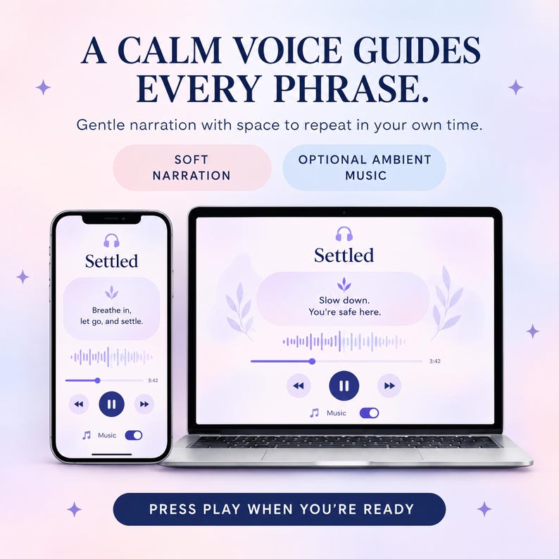 May include: A smartphone and a laptop displaying the Settled app interface with a purple and white gradient background. The screens show audio player controls, a play button, and text that reads A CALM VOICE GUIDES EVERY PHRASE and PRESS PLAY WHEN YOU'RE READY.