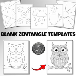 May include: A set of blank Zentangle templates with diverse designs: geometric patterns, flowers, rain clouds, a steaming mug, a sunburst, and two owl illustrations. The pack contains 50 pages for creative colouring and design.
