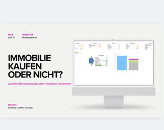 May include: A computer screen displaying a spreadsheet with charts and data. The screen is part of a modern desktop computer. The text on the screen includes the question "IMMOBILIE KAUFEN ODER NICHT?" and other German text.
