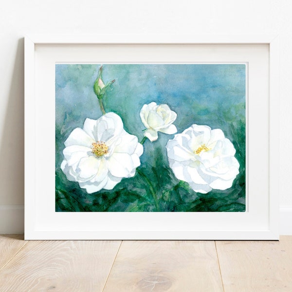 Watercolor Painting PRINT, "White Roses", Painting of Flowers, Botanical Illustration, Wall Art, 8 x 10, 5 x 7, 4 x 6, Art Print