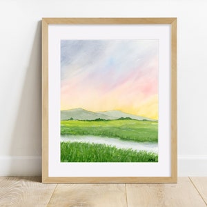 Landscape Painting PRINT, Watercolor, Sunset, Creek, Field, Wall Art, 8 x 10, 5 x 7, 4 x 6, 11 x 14 Art Print