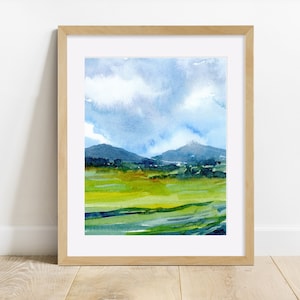 Landscape Painting PRINT, Watercolor, Green Meadow, Field, Wall Art, 8 x 10, 5 x 7, 4 x 6, 11 x 14, Art Print