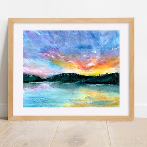 Watercolor Painting PRINT, "Lake Sunset", Landscape Painting, Lake, Beach, Sunset, Sunrise,  Wall Art, 8 x 10, 5 x 7, 4 x 6, Art Print