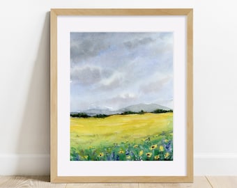 Landscape Painting PRINT, Watercolor, Wildflower, Field, Wall Art, 8 x 10, 5 x 7, 4 x 6, 11 x 14, Art Print, Lupine, Daisies