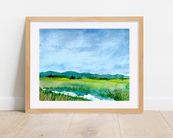 Watercolor Painting PRINT, Stream, River Green Landscape with Mountains, Landscape Artwork,  Wall Art, 8 x 10, 5 x 7, 4 x 6, Art Print