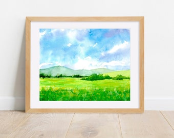 Watercolor Painting PRINT, Bright Landscape, Colorful Landscape Painting, Meadow, Field,  Wall Art, 11 x14, 8 x 10, 5 x 7, 4 x 6, Art Print