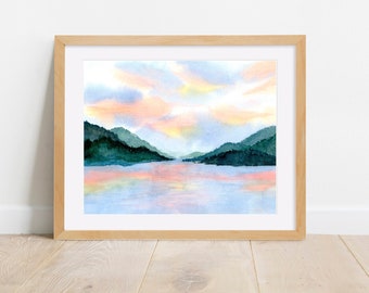 Watercolor Painting PRINT, "The Inlet", Landscape Seascape Painting, Beach, Sunset, Sunrise,  Wall Art Print, 11 x 14, 8 x 10, 5 x 7, 4 x 6