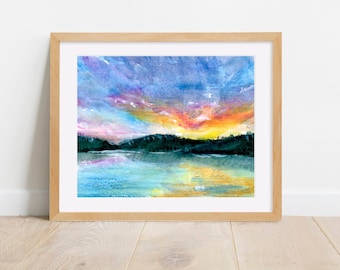 Watercolor Painting PRINT, "Lake Sunset", Landscape Painting, Lake, Beach, Sunset, Sunrise,  Wall Art, 8 x 10, 5 x 7, 4 x 6, Art Print