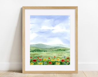 Landscape Painting PRINT, Watercolor, Wildflower Meadow, Field, Wall Art, 11 x 14, 8 x 10, 5 x 7, 4 x 6, Art Print