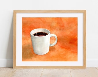 Watercolor Painting PRINT, "Coffee Cup in Orange", Still Life, Coffee Art, Orange,  Wall Art, 8 x 10, 5 x 7, 4 x 6, Art Print