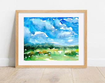 Watercolor Landscape Painting PRINT, Abstract, Impressionist, Bright Green and Blue,  Wall Art, 8 x 10, 5 x 7, 4 x 6, Art Print