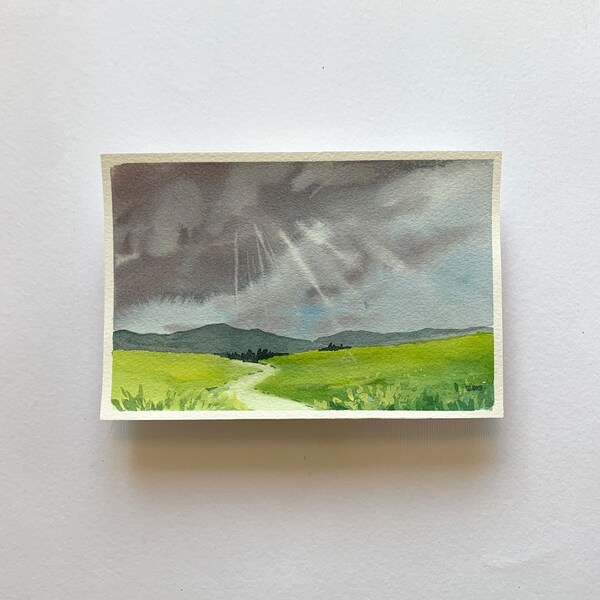 Watercolor Landscape Original, 4 x 6, Small Painting, field, countryside, sky, original artwork, landscape painting