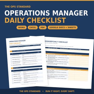 May include: A digital Operations Manager Daily Checklist template featuring sections for pre-shift and shift startup tasks. The document includes columns for tasks, instructions, initials, time, and status, compatible with Word, Excel, PDF, and Google Docs.