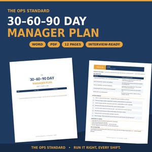 May include: A 12-page 30-60-90 day manager plan document available in Word and PDF formats. The cover page features the title in white and yellow text on a dark blue background, while the interior page displays a structured checklist.