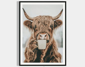 Highland Cow Coffee Poster – Kitchen Wall Art - Funny Coffee Bar Decor- Dining room Print - Download Printable - Cow Coffee presents