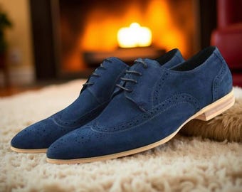 Bespoke Handmade Blue Suede Leather Brogue Formal Lace up  display picture 1
