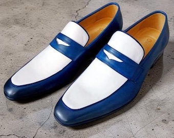 Handmade men blue and white dress moccasin, leather formal penny shoes for mens