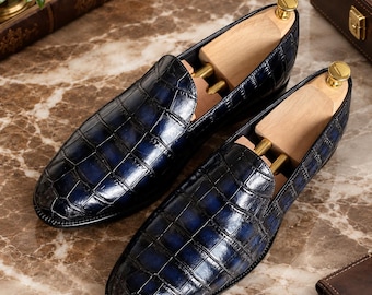 Men's Black Croc Embossed Leather Loafers, Handmade Slip-On Dress Shoes