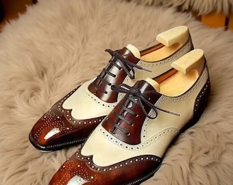 New Men's Handmade White, Brown Leather Oxford Wingtip Brogue Lace-Up Dress Shoe