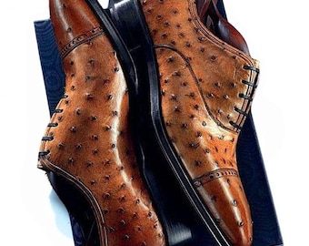 New Handmade  Brown Ostrich embossed Leather Stylish Shoes for Men's