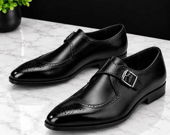 Black Monk Strap Shoes for Men, Handmade Leather Dress Shoes, Single Buckle Formal Shoes, Brogue Wedding Shoes, Custom Size