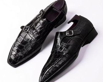 Ręcznie robione męskie czarne buty typu monk ze skóry o fakturze krokodyla, formalne buty skórzane dla mężczyzn