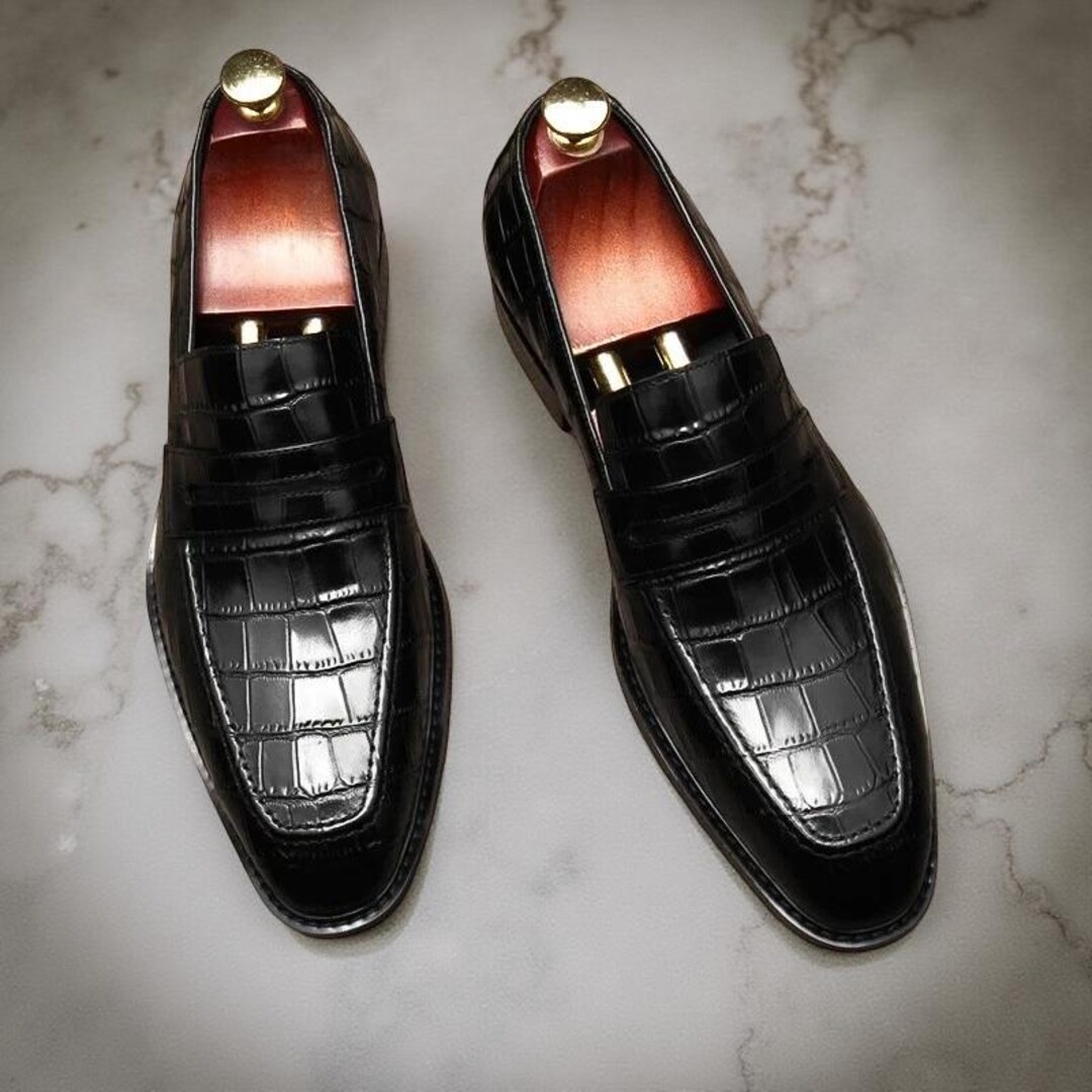 Handmade Men Black Crocodile Print Leather Party Moccasins , Slip Ons ...