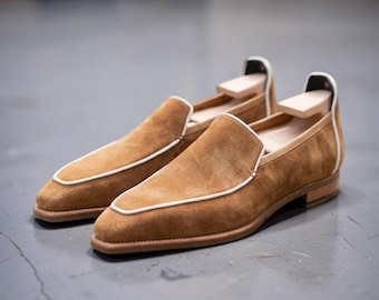 Handmade Tan Suede Leather Belgian Loafers for Men – Premium Slip-On Dress Shoes