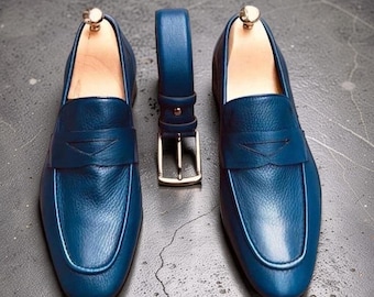 Handmade Blue Leather Penny Moccasins Shoes, Slip Ons Business Shoes, Dress Shoe Belt not included