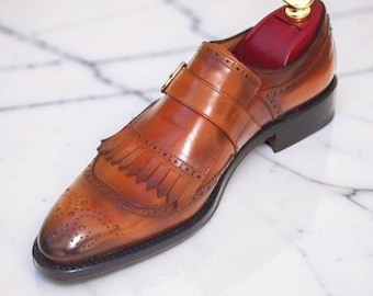 Handmade Men's Brogue Fringes Round Toe Monk Strap Shoes, Real Leather Shoes