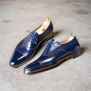 Handmade Real Leather Navy Blue Oxford LaceUp Cap Toe Dress Casual Shoes For Men