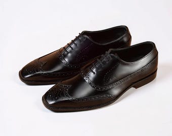 Handmade Men Black Dress Shoes Pure Handcrafted Sole Calfskin Leather