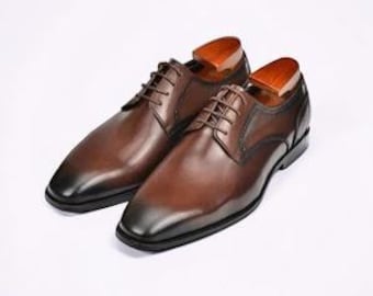 Handmade Men?s Derby Shoes ? Full Grain Leather Plain Toe, Burnished Brown