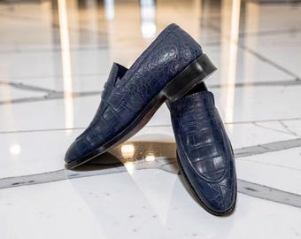 Navy Blue Croc-Embossed Leather Loafers for Men, Handmade Slip-On Dress Shoes