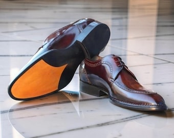 Zapatos Oxford formales de vestir para hombre, hechos a mano, con cordones, pátina burdeos.