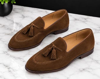 Brown Suede Tassel Loafers for Men, Handmade Slip On Dress Shoes, Men's Wedding Shoes, Formal Leather Loafers, Custom Size