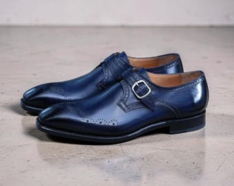 Handmade Men Blue Leather Monk Shoes, Formal Business Dress Shoes