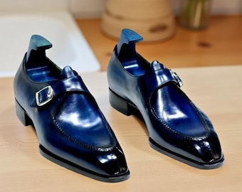 Handgefertigte, dunkelblaue Leder-Monk-Strap-Schuhe