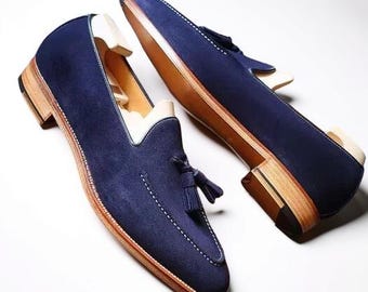 Men's Handmade Navy Suede Loafers with Tassels - Stylish Slip-On Shoes