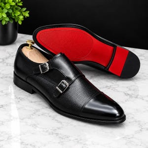 Black Double Monk Strap Shoes for Men, Handmade Leather Dress Shoes, Two Buckle Formal Shoes, Men's Wedding Shoes, Custom Size