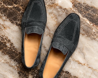Zwarte leren loafers voor heren, handgemaakte geklede schoenen, penny loafers, op maat gemaakt