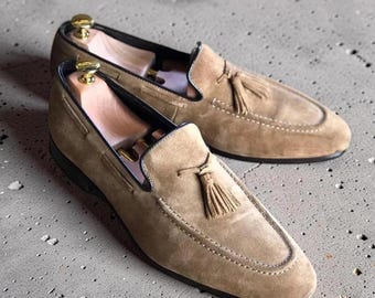 Handmade Beige Suede Leather Formal Slip On Dress Tasseled Loafer Shoes For Men