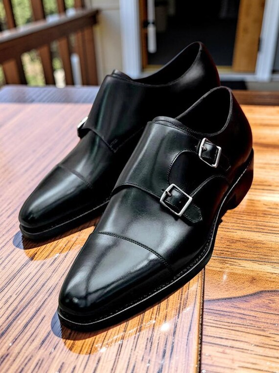 Handmade Black Leather Double Monk Shoe, Buckle Business Shoe, Men Dress Shoes