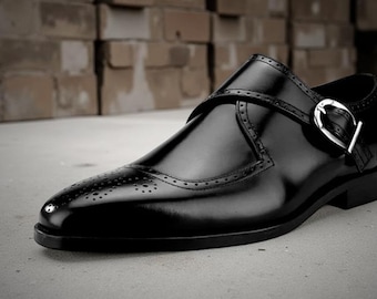 Handmade Leather Shoes Black Single Monk Formal Dress Oxford Office Shoe For Men