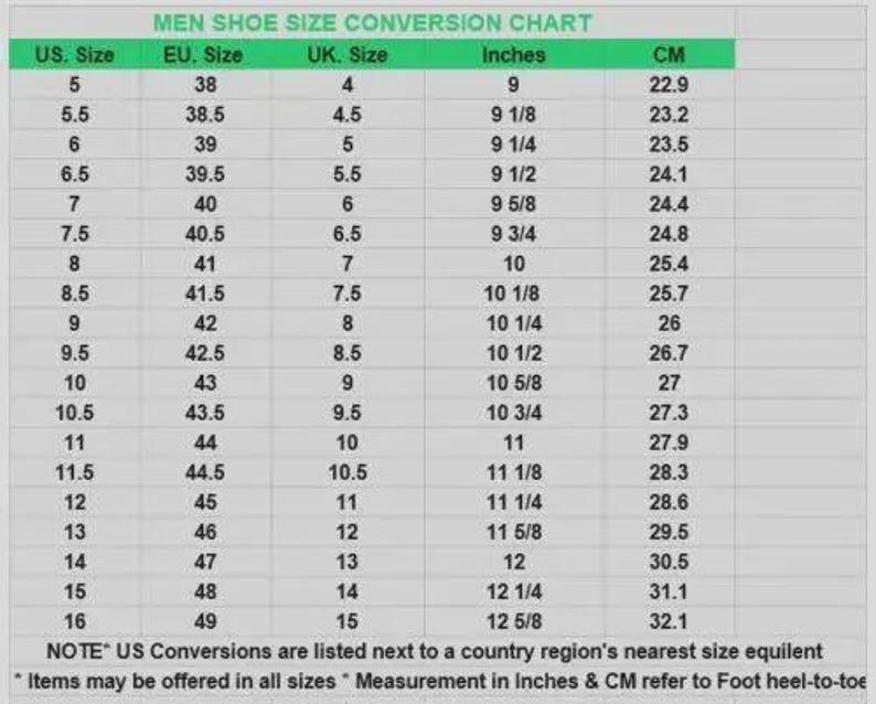 K&ouml;nnte beinhalten: Eine Gr&ouml;&szlig;entabelle f&uuml;r Herrenschuhe mit US-, EU- und UK-Gr&ouml;&szlig;en, Zoll und Zentimetern. Die Tabelle reicht von US 5 (9 Zoll, 22,9 cm) bis US 16 (12 5/8 Zoll, 32,1 cm). Hinweis zu US-Umrechnungen und Fu&szlig;-Ferse-zu-Zehen-Messungen.