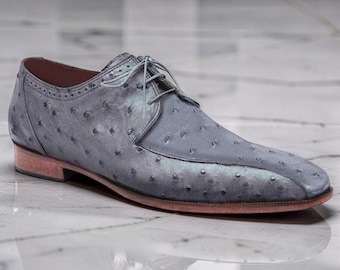 New Handmade Pure Gray Ostrich embossed Leather Stylish Shoes for Men's